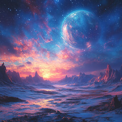 Naklejka premium Cosmic sunset over alien landscape extraterrestrial planet digital art fantasy wide angle otherworldly beauty