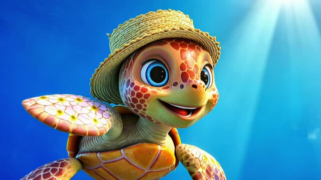 Cute turtle cartoon character wearing a straw hat swims underwater, winks, and smiles