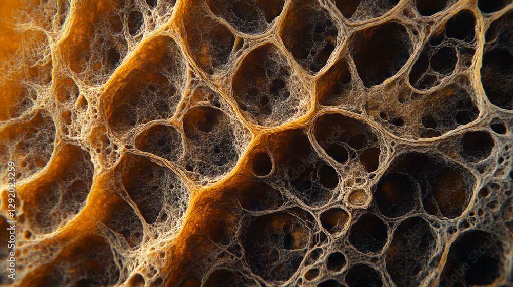 Aufkleber Close-up macro image of a sponge with visible porous texture, showcasing the intricate network of fibers and holes, symbolizing natural texture and organic patterns.