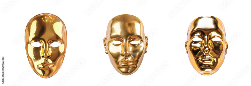 Poster three metallic gold masks with smooth and reflective surfaces displayed frontally