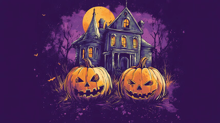 Fototapeta premium graphic t-shirt design style halloween haunted house. pumpkin heads. violet background