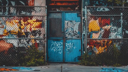 Chain-link fence yard door in an urban setting with graffiti. 