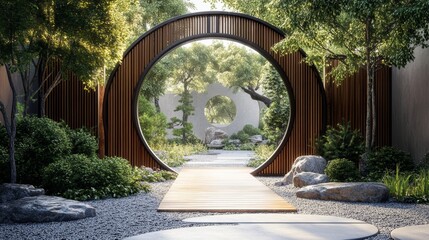 Chinese wooden moon gate leading into a Zen garden.