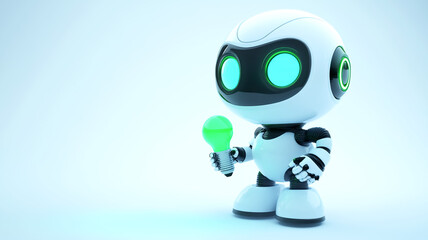 Funny little robot with a leaf in his hand as a sign of ecology, environment, climate change, economy and resources