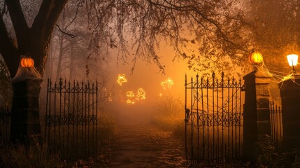 Halloween yard gate with spiderwebs, eerie lighting, and a foggy background. 