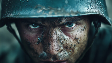 A close-up of a soldierâs face covered in sweat, dirt, and exhaustion under a steel helmet