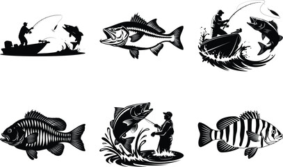 Set of fishing bass silhouette SVG bundle design of a fisherman fishing on a boat vector art illustration isolated on white background. 