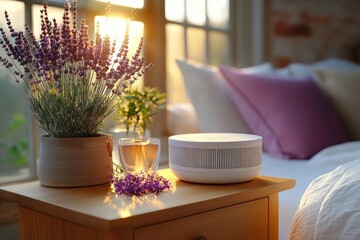 Smart home white noise machine with plants in sunlit living room