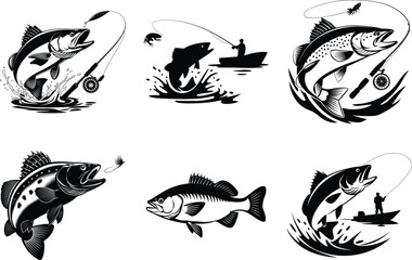 Set of fishing bass silhouette SVG bundle design of a fisherman fishing on a boat vector art illustration isolated on white background. 