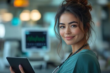 Obraz premium Woman in scrubs holding digital tablet with stethoscope around neck in clinic