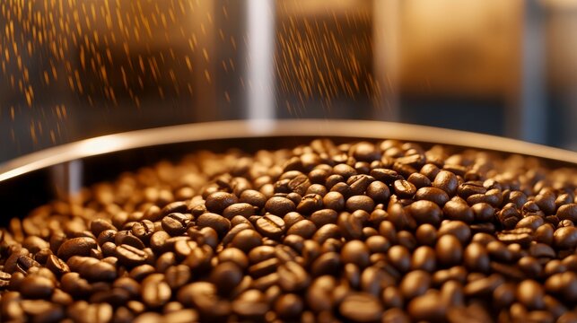 Close-up of roasted coffee beans in a bowl with coffee grounds sprinkling in a warm setting