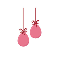 Hanging colorful painted Easter eggs with a bow and flowers. spring easter poster, card and easter sale template