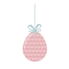 Hanging colorful painted Easter eggs with a bow and flowers. spring easter poster, card and easter sale template