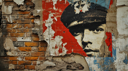 Naklejka premium A war propaganda poster partially torn and faded on a crumbling brick wall