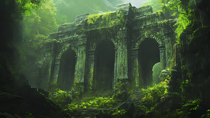 Exploring the enigmatic ruins of an ancient civilization shrouded in cybernetic mysteries and lush greenery. Overgrown Cyber Ruins. Illustration