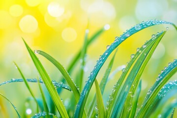 Fototapeta premium In the soft focus of a macro close-up, delicate dew droplets sparkle on young, juicy grass in the sunlight, showcasing beautiful light green colors and a serene natural setting