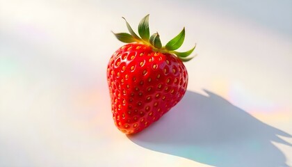 Una fresa roja fresca con semillas amarillas y hojas verdes sobre un fondo blanco