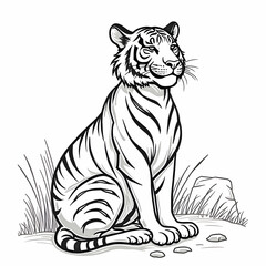 Obraz premium Tiger Sitting with Curled Tail Line Art