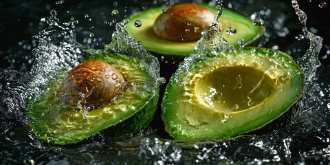 An artistic representation of an avocado with refreshing water splashes. 