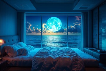 Full moon shining through the window onto temperature-regulating bedding with cooling pillow