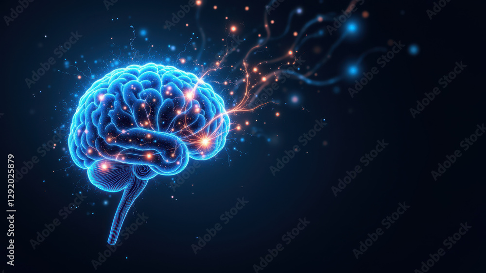 Poster a visual metaphor for artificial general intelligence (agi) featuring a stylized brain with neural c