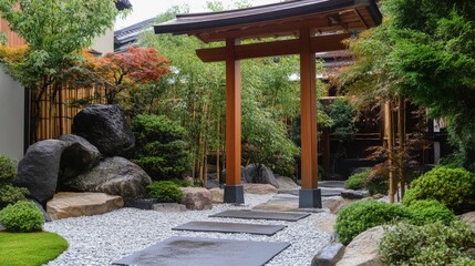 Traditional Japanese Torii gate-style yard entrance. 