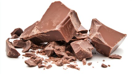 Fototapeta premium Broken chocolate chunks with varying textures and sizes isolated on white
