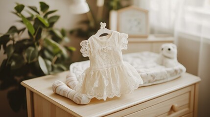 Baby girl's dress on changing table, nursery, soft light