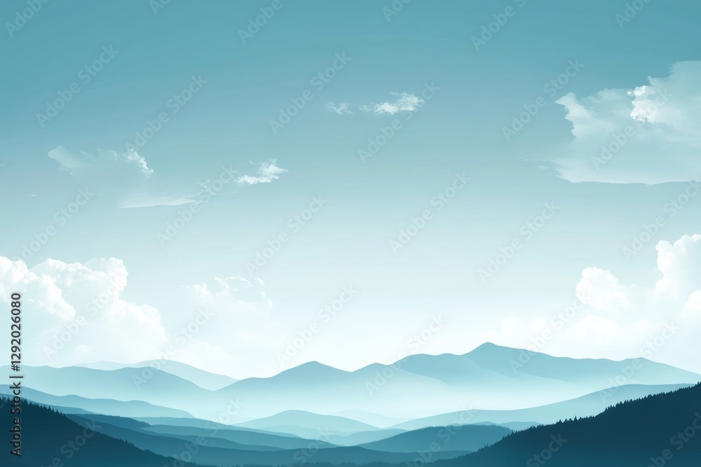 Aufkleber Distant mountain ranges stretch across a tranquil sky at dawn with soft clouds and a calming blue hue. Generative AI