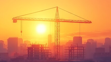 A construction site featuring a tower crane, with buildings and houses being constructed, including hotel apartments. It involves housing renovation, real estate development, and cranes operating