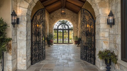 Tuscan-style wrought iron and stone archway gate.