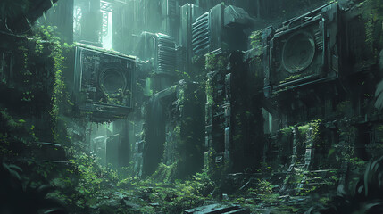 Fototapeta premium Overgrown vines entwine broken machinery in this eerie, futuristic setting. Overgrown Cyber Ruins. Illustration