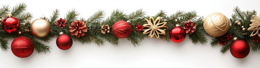 Fir green branches, decorated with gold stars, fir cones, and red berries, are showcased in a close-up of a festive Christmas border isolated on white