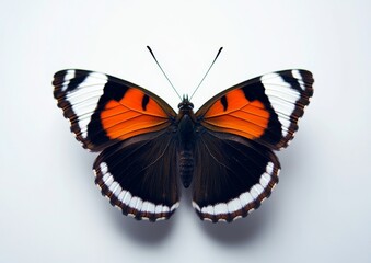 Fototapeta premium A beautiful butterfly, Maniola jurtina, is isolated on white, displaying its spread wings with a stunning color transition from brown to yellow orange