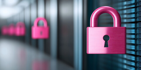 Bright pink padlocks on blurred background of data servers symbolizing digital security, data protection,cybersecurity measures,safeguarding sensitive information in modern technological environment
