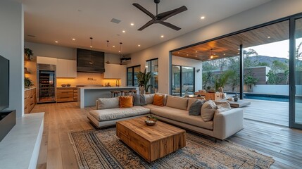 Spacious modern living room with kitchen and open view to the outdoor area. Generative AI