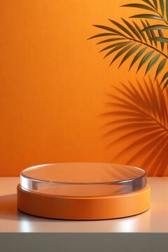 Clear glass round podium against orange wall with leaf