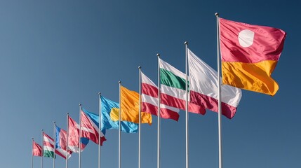 National flags waving in the bright sky. Multiple flags fluttering in wind. International relations. Possible use Stock photo for educational use