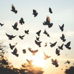 Obraz premium Silhouette birds flying in sunset sky