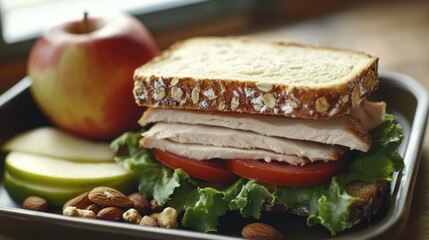 Healthy Turkey Sandwich on Tray with Apple and Nuts