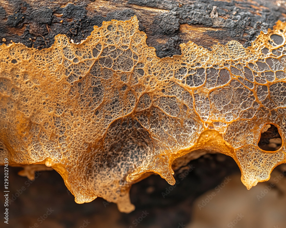 Poster close-up of the surface of a charred piece of wood, with a layer of golden yellow, bubbly resin, sho