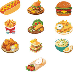 Set of delicious fast food vector illustrations