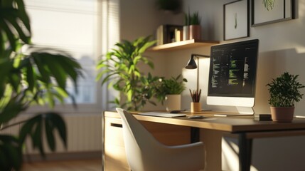 Sunny home office workspace with plants and computer