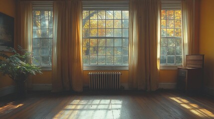 A cozy room with sunlight filtering through curtains and a radiator heating the space in a wintery scene. Generative AI