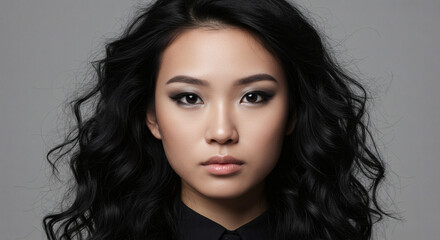 Naklejka premium A young Asian woman in her late teens or early twenties, with long, curly black hair and subtle makeup, gazes directly at the camera in a sophisticated studio portrait with soft lighting.
