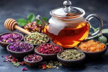 Teapot with dandelion root tea, dried herbs, and honey dipper