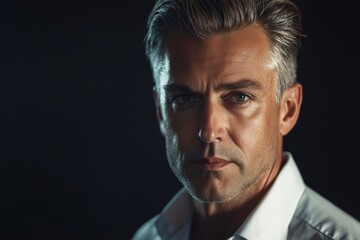 Obraz premium Portrait of an elegant man with a fixed gaze in a classically lit studio. Timelessly beautiful male model with a calm and thoughtful facial expression.