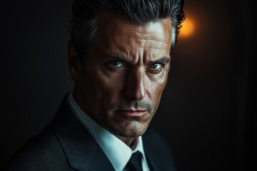 Fototapeta premium Portrait of an elegant man with a fixed gaze in a classically lit studio. Timelessly beautiful male model with a calm and thoughtful facial expression.