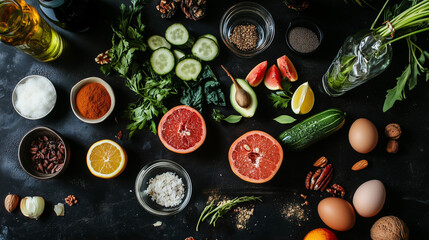 Colorful arrangement of fresh vegetables, fruits, and healthy ingredients for vegetarian meal preparation in a kitchen setting