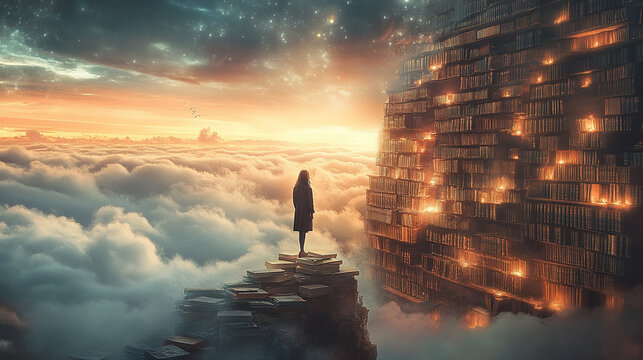 Exploring a dreamlike library above the clouds at sunset surreal imagery fantasy inspirational ethereal viewpoint